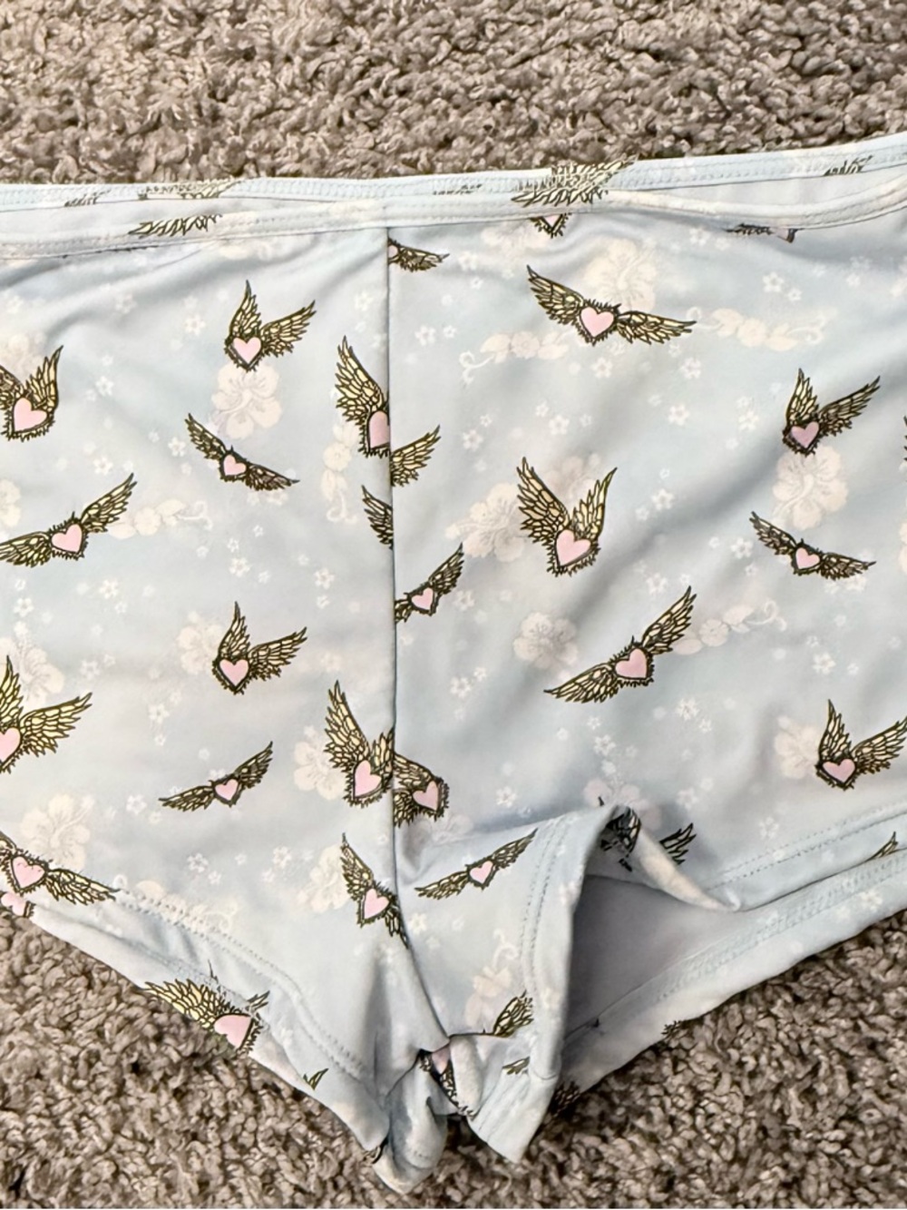 Victoria's Secret  Light Blue Swim Shorts with Pink Heart & Gold Wing Print